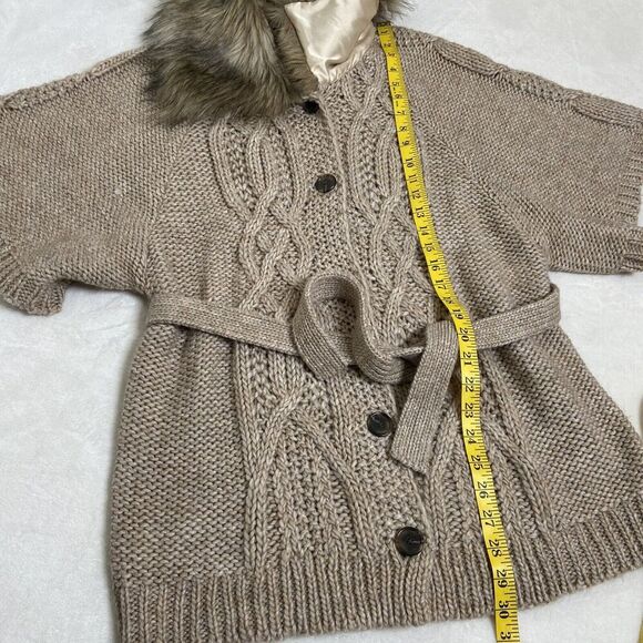 Loft Acrylic Wool Alpaca Chunky Knit Cardigan Sweater Faux Fur Collar Tan/Cream - Picture 9 of 12